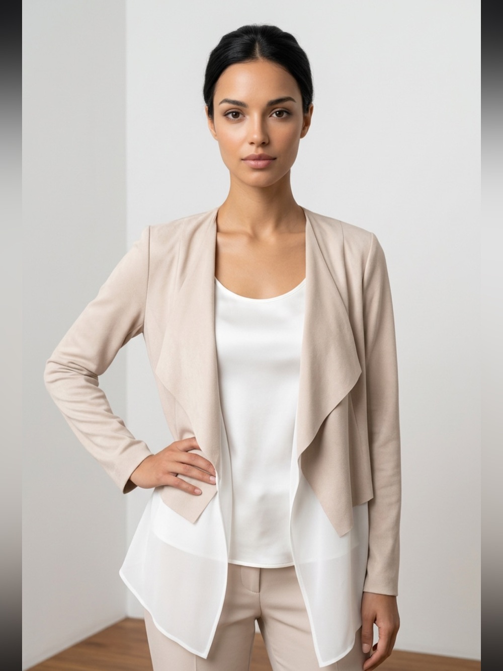 Joseph Ribkoff Faux Suede & Chiffon Layered Waterfall Jacket Blouse Beige 171382